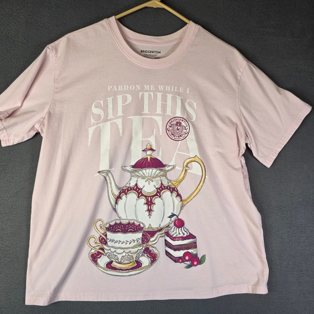 Bridgerton Graphic T-Shirt Women XL Pink Sip This Tea Cup and Pot Short Sleeve